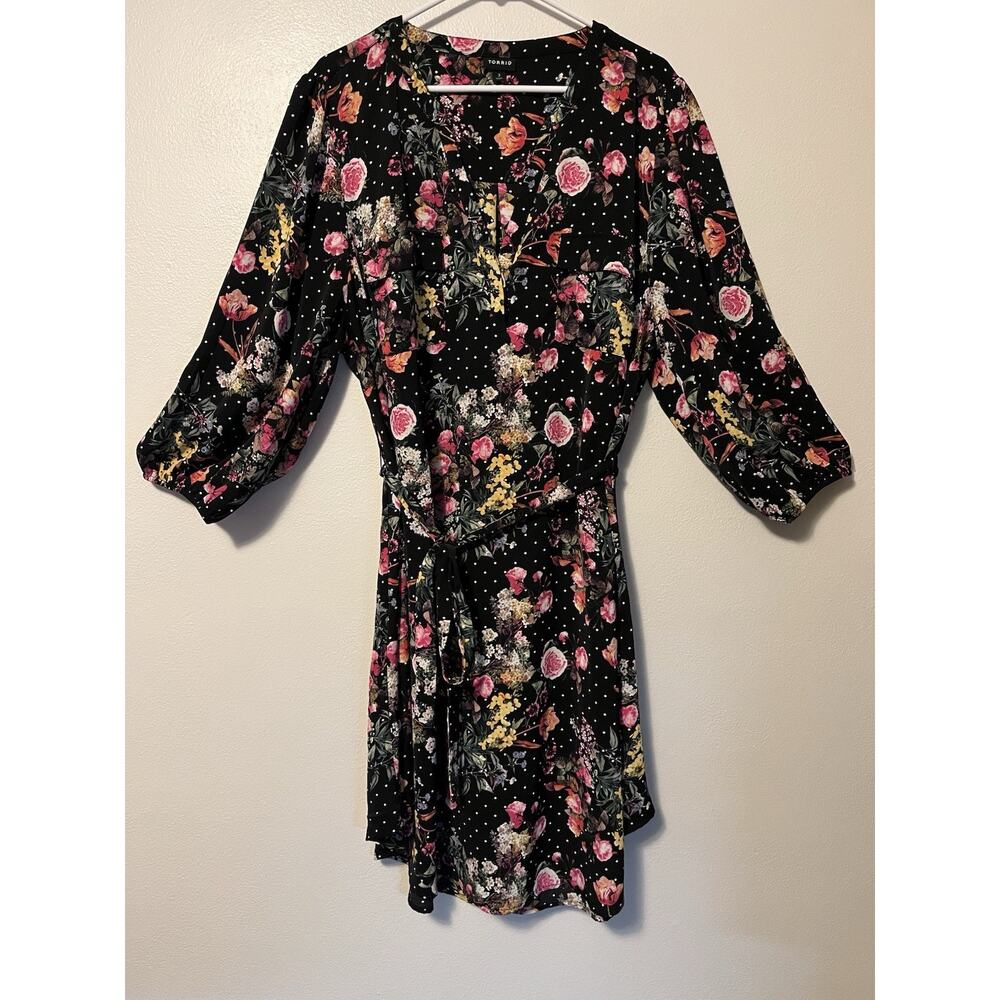 Torrid Mini Studio Crepe De Chine Shirt Dress Black Floral Polkadots Size 3